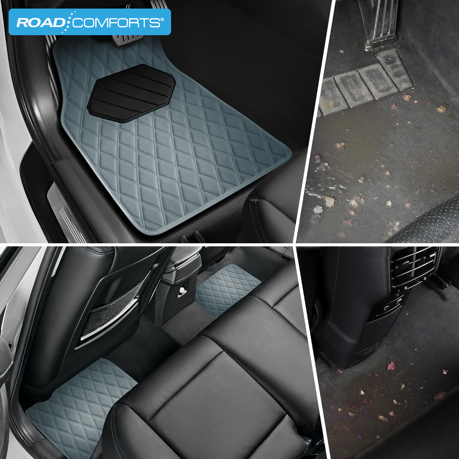 Road Comforts 4PC Leather Quilted Car Floor Mats, Stylish, Durable, Waterproof, Non-Slip, Full Coverage for Cars and SUVs Gray
