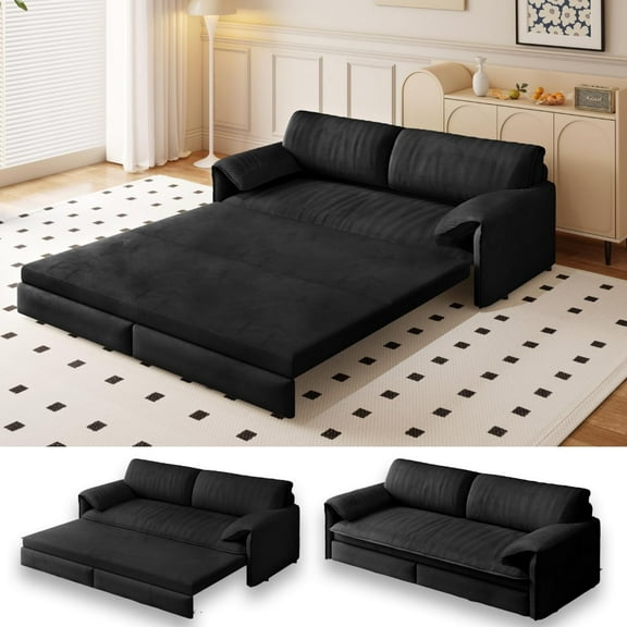 66" Futon Sofa Bed Queen Size, Pull Out Bed, 3-in-1 Convertible Sleeper Sofa with Side Pocket, Modern Velvet Futon Couch for Living Room, Small Space, Apartment, Bedroom, Black