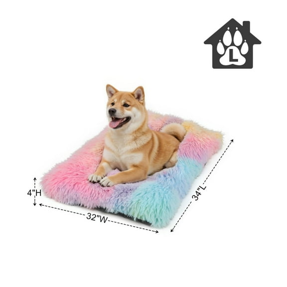 Katieovy Large Dog Bed, 34 x 22 inch Fluffy Plush Dog Cage Bed, Washable Dog Mat with Non-Slip Bottom for Large and Medium Dogs,Rainbow
