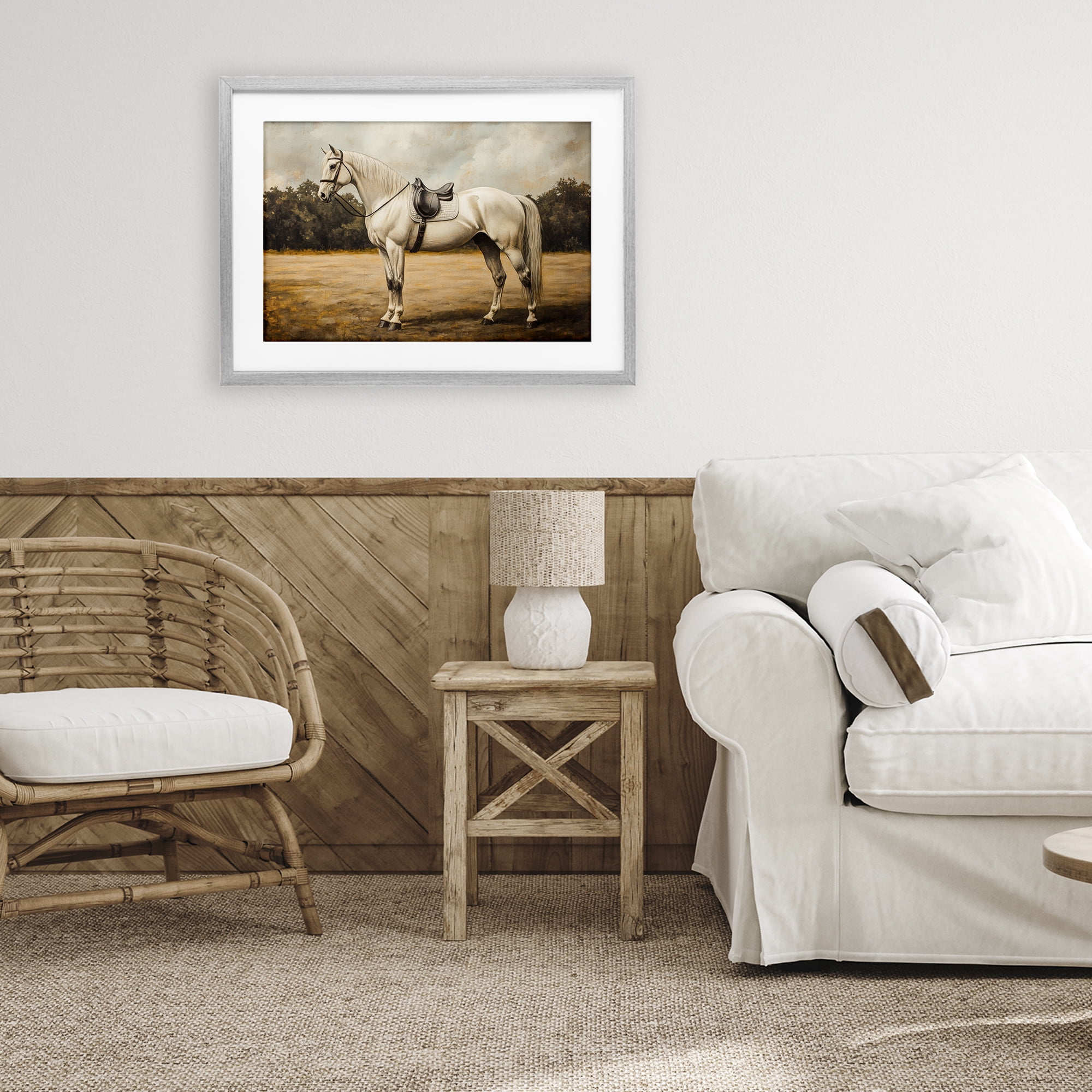 Stupell Industries White Mare with Saddle Gray Framed Print Under Glass, design by Petal Prints Design