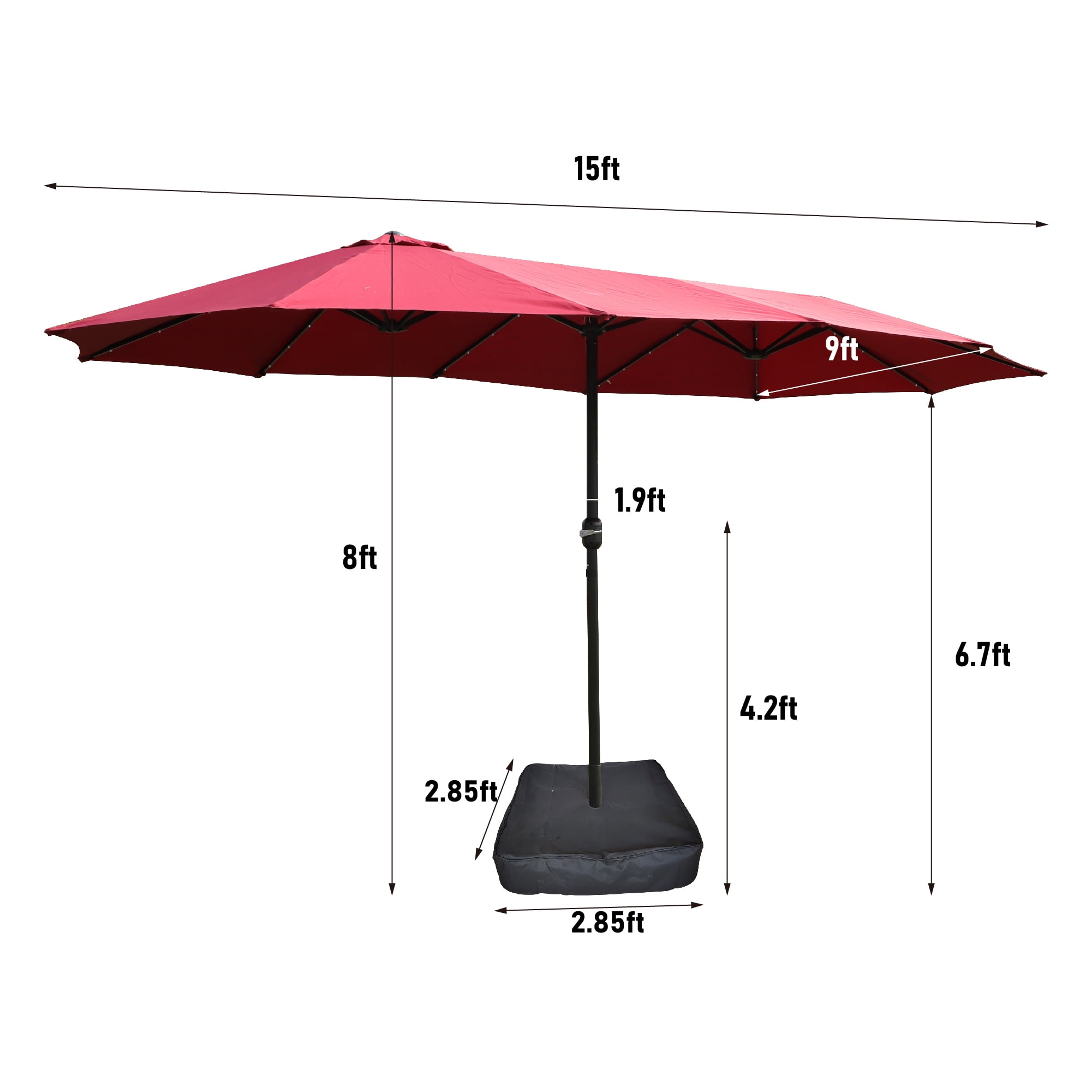 Patio Umbrella, 15x9 FT Double Sided Rectangular LED Umbrella for Garden Poolside Backyard, Red
