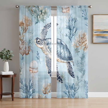 Coastal Semi Sheer Curtains 72 Inch Length 2 Panels Set Sea Turtle Summer Beach Nautical Coral Sheer Kitchen Curtain Privacy Voile Window Curtain for Living Room Bedroom Rod Pocket Drapes