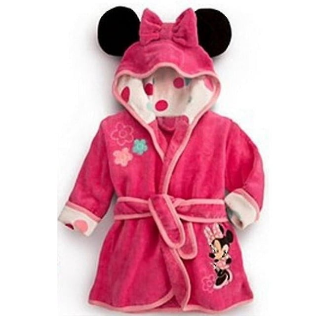 Baby Boys Girls Hooded Bathrobe Minnie Mouse Soft Fleece Robe Cartoon Pajamas. A pink flannel bathrobe featuring a Minnie Mouse design, with a hood adorned with black ears and a bow. The robe includes floral embroidery, a tie belt, and polka dot lining, suitable for toddlers.