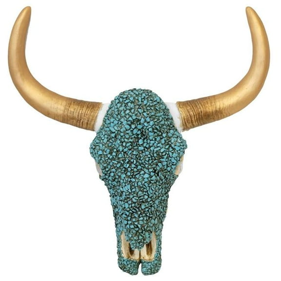 De Leon Collections 15453 Southwestern Turquoise Pebble Longhorn Bull Cow Skull with Golden Horn Accent Hanging Wall Dcor