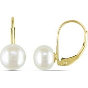 7-7.5mm White Button Cultured Freshwater Pearl 10kt Yellow Gold Leverback Earrings