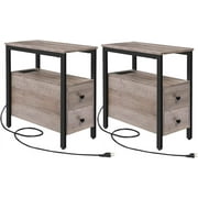 HOOBRO Set of 2 End Tables with Charging Station, Narrow Side Table with Drawers & USB Ports & Power Outlets, Nightstand for Small Spaces, Living Room, Stable, Greige and Black BG541BZP201