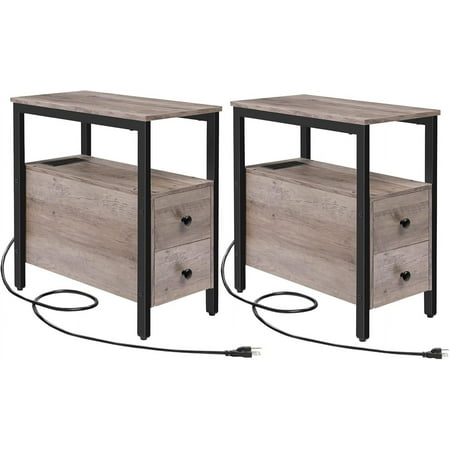 HOOBRO Set of 2 End Tables with Charging Station, Narrow Side Table with Drawers & USB Ports & Power Outlets, Nightstand for Small Spaces, Living Room, Stable, Greige and Black BG541BZP201