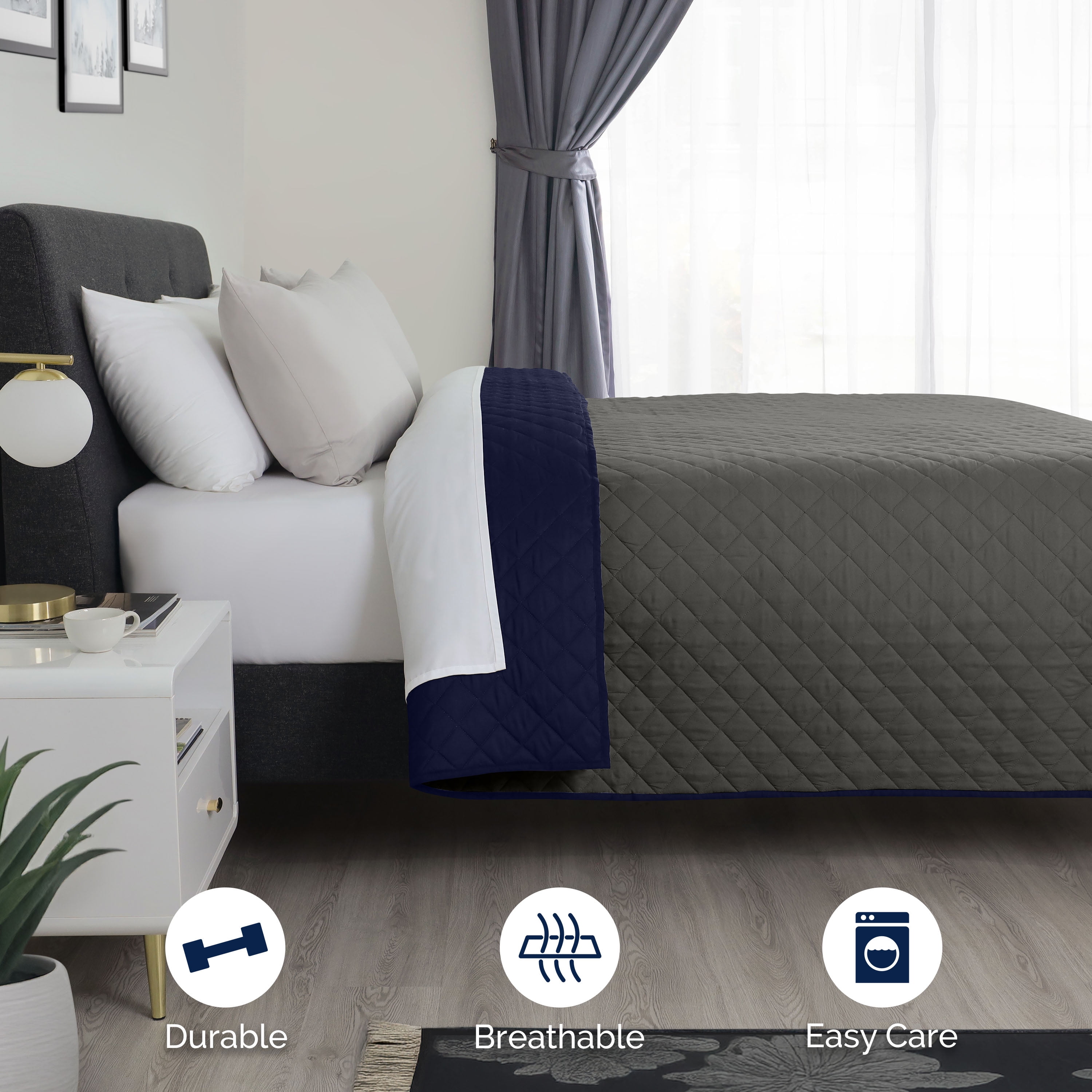 Martex Reversible Microfiber King Coverlet, Soft Lightweight Bedding, Graphite/Navy