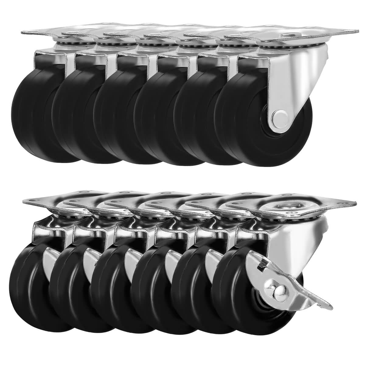 12 Pack 2' Swivel Caster w/ brake Wheels Hard Rubber Base with Top Plate and Bearing