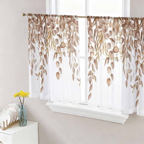 Eucalyptus Leaves Sheer Curtains 45 Inch Length 2 Panels Set Window Treatments, Brown Summer Botanical Weeping Rod Pocket Semi Curtains for Living Room/Bedroom/Kitchen Décor, 104"W x 45"L