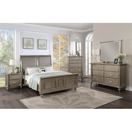 Bedroom Furniture 6pc Set Queen Size Bed Upholstered HB Unique FB Dresser Mirror Nightstands Chest Grey Wooden Classic