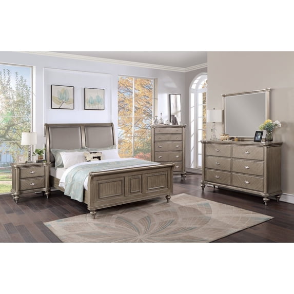 Bedroom Furniture 6pc Set Queen Size Bed Upholstered HB Unique FB Dresser Mirror Nightstands Chest Grey Wooden Classic