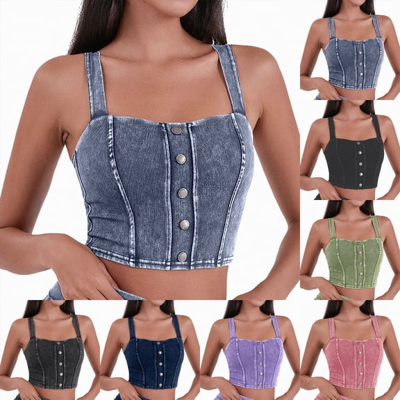 vigerkar Womens Denim Stretchy Vest Square Neck Sleeveless Tight Causal Basic Jean Tank Tops Summer Trendy (Dark Blue, L)
