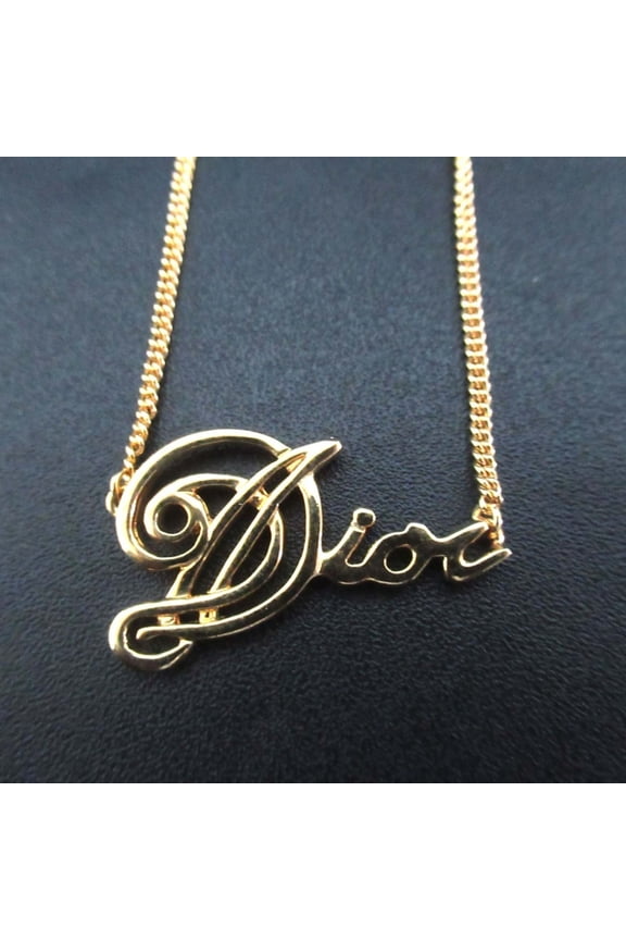 Pre-Owned Vintage Christian Dior logo chain necklace pendant in GP gold for women.