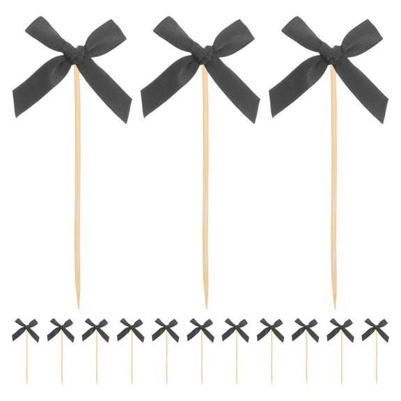 FRCOLOR Elegant Fabric Bowknot Picks for Decor 20pcs Black Bamboo Cake Supplies Fruit Dessert Sticks