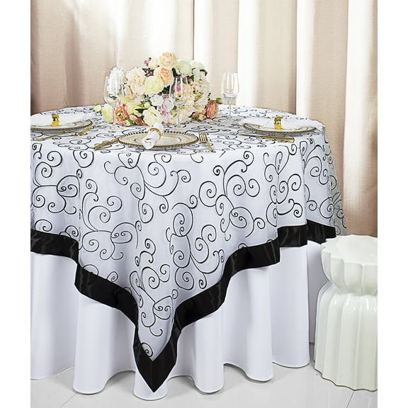 Wedding Linens Inc. 85"x85" Embroidered Organza Sheer Table Overlay Toppers - White/ Black