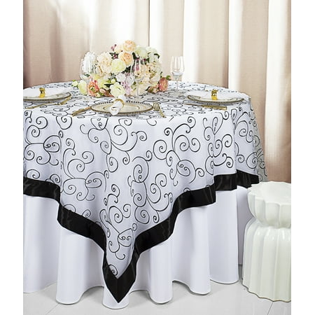 

Wedding Linens Inc. 85 x85 Embroidered Organza Sheer Table Overlay Toppers - White/ Black