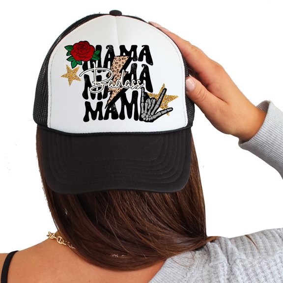 Womens Foam Trucker Hat Mama Skeleton Lightning Printed Mesh Snapback Baseball Cap, White/Black