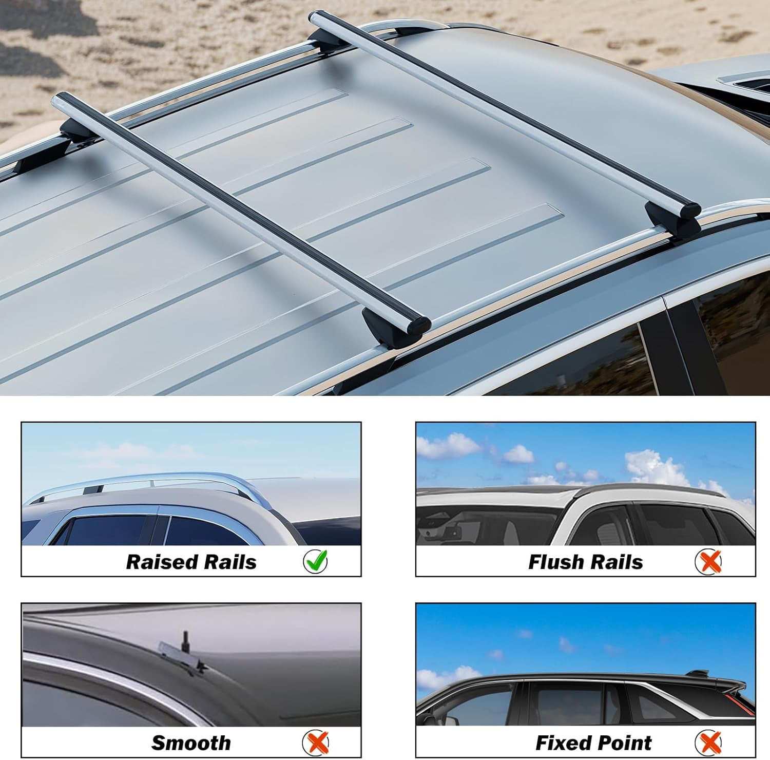 53 Inch Aluminum Roof Rack Cross Bars for Raised Side Rails, Adjustable Cargo Bars, Hold 165 LBS, Silver
