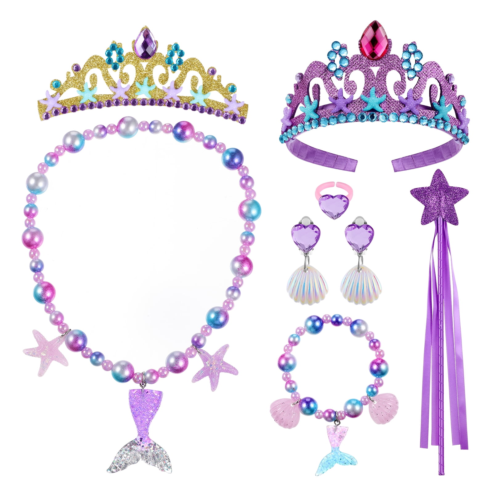 Lurrose 1 Set Mermaid Theme Necklace Earrings Kids Dress Up Jewelries Mermaid Wand Bracelet Ring Cosplay Supplies