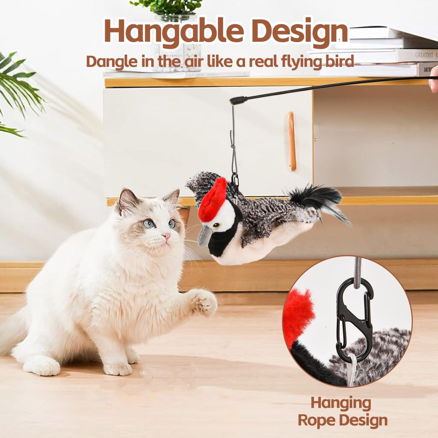 QD-Gotrays Interactive Cat Toys, Rechargeable Chirping Flapping Bird(no Flying) with Catnip for Indoor Cats, Touch Activated, Plush Kitten Exercise Toys (Brown Sparrow)