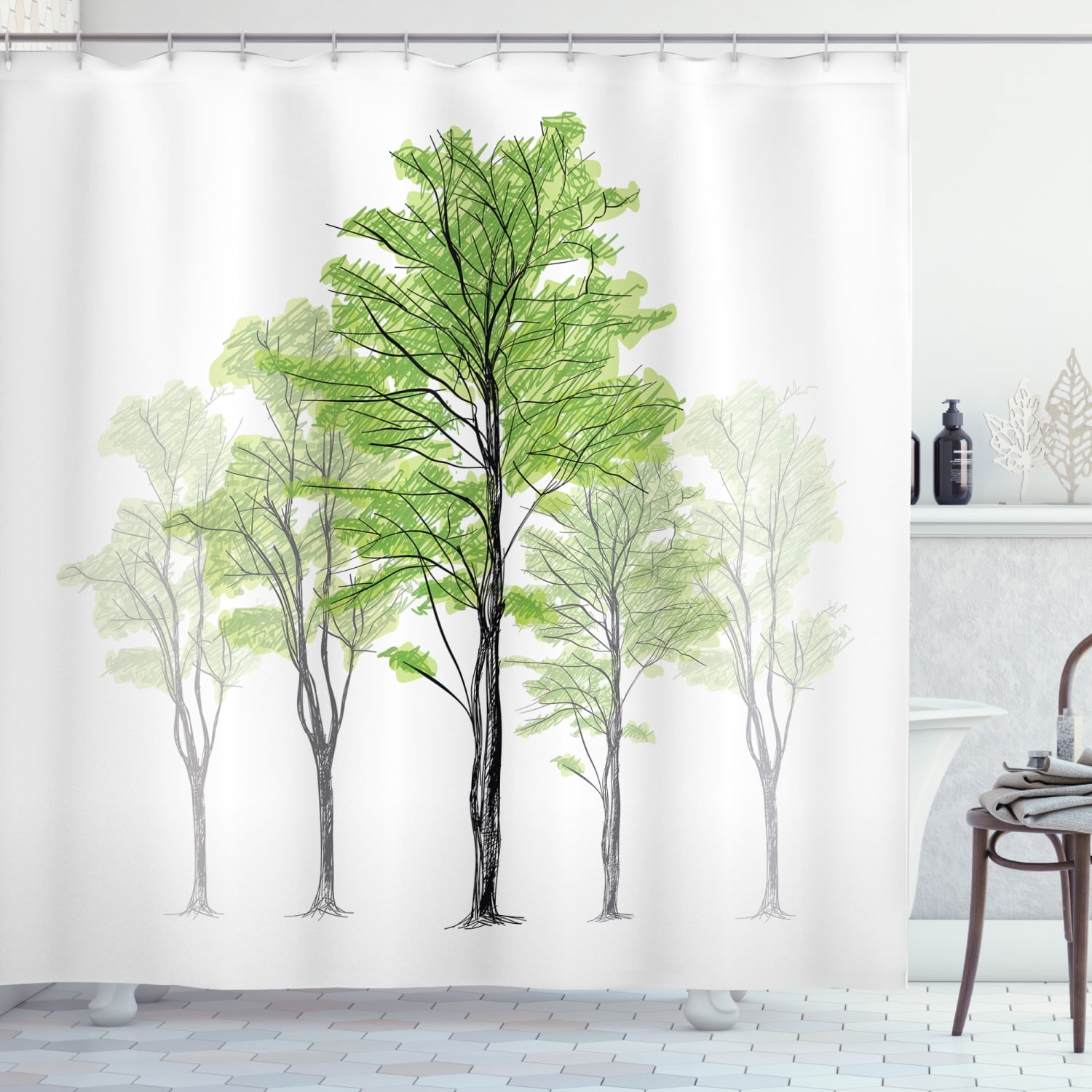 Forest Shower Curtain, Sketch Style Tree with Green Leaves Abstract