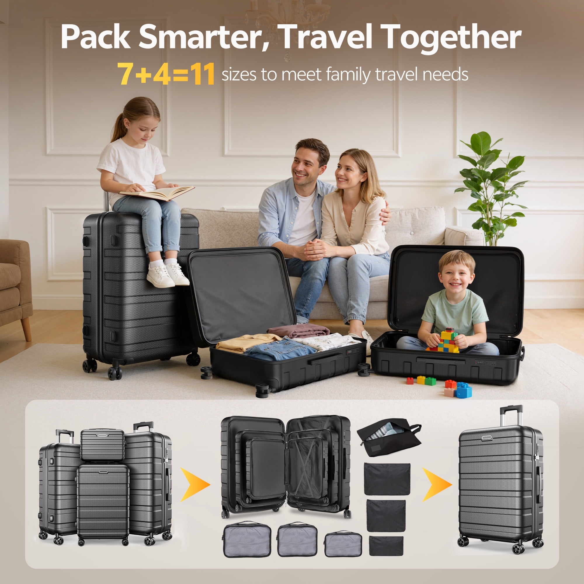Luggage Sets 11 Pcs Suitcase Set, Hardshell Luggage with Packing Cubes & Wheels, 20" Carry On Luggage and 24“&28" Checked Luggage Set, Lightweight Travel Luggage