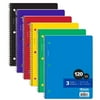 BAZIC College Ruled 3 Subject Spiral Notebooks 120 Sheets, Assorted Color, 6-Pack