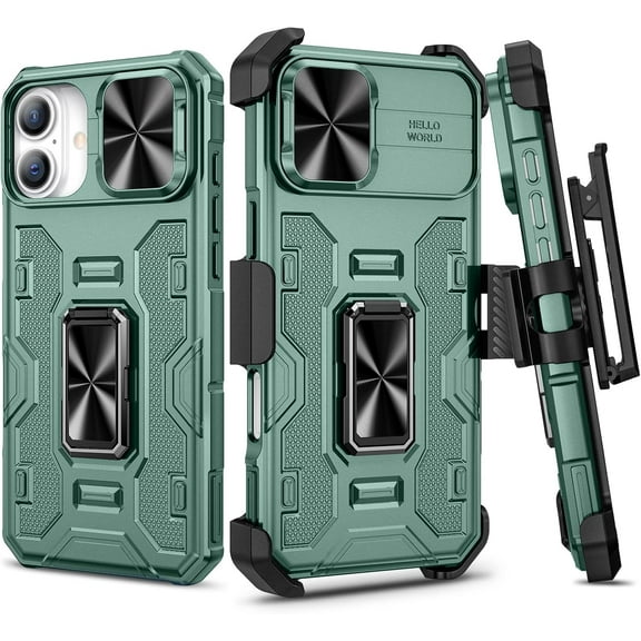 for iPhone 16 Plus Case with Camera Cover, 360°Rotatable Ring Kickstand & Belt Clip Holster Upgraded Military Grade Shockproof Cover - Green