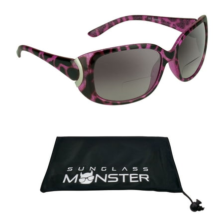Women's Bifocal Sun Reader Reading Sunglasses +1.50. Sexy Pink Cheetah Frame with Nearly Invisible Magnification reader