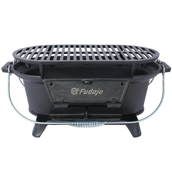 Portable Cast Iron Grill - Dual-Use Rectangle Hibachi & Tabletop Skillet, Enameled Outdoor Charcoal Grill for Camping/Tailgating