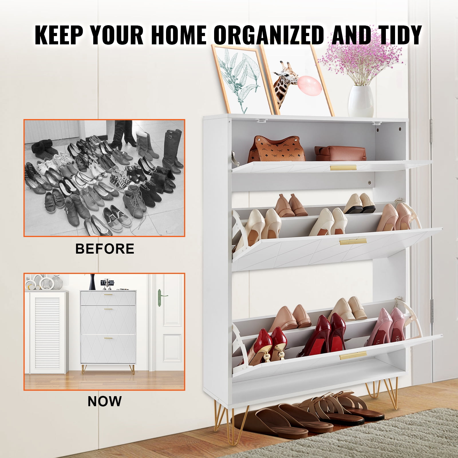 KFFKFF Shoe Cabinet with Triple Flip Compartments, Entryway Shoe Rack, Upright Shoe Holder for Various Footwear, Ideal for Hallway, Living Space