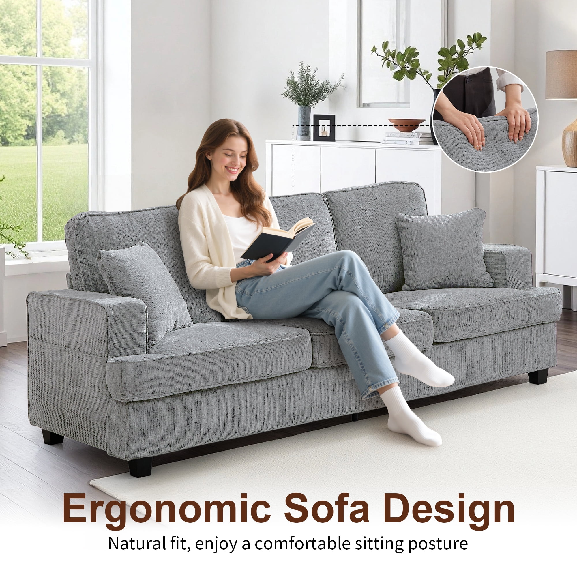 Korser 89" Chenille Sofa 3 Seater Couch with Extra Upholstered Deep Seats for Living Room,Removable Cover,Assembly Required,Pewter