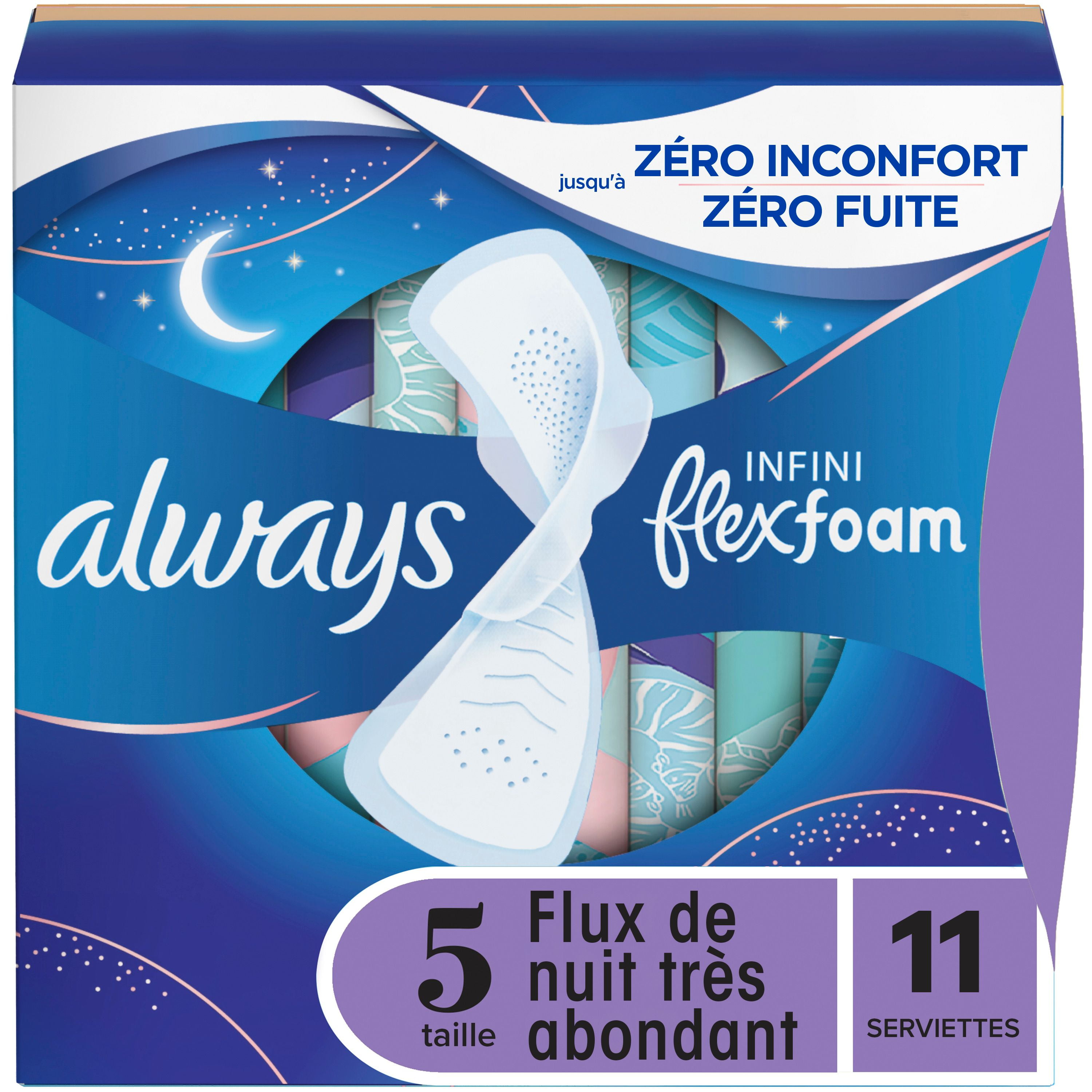 Always Infinity Feminine Pads for Women, Flexfoam Pads with Wings, Size 5, Extra Heavy Overnight Absorbency, Unscented, 11CT