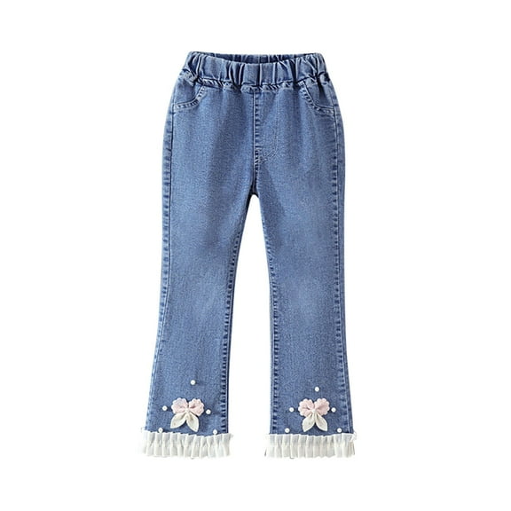 ZACPNCV Girls Pearl Bow Knot Flare Leg Jeans Denim Jeans Elastic Waist Bottom Jeans Split Hem Flare Leg Pants Pink 5-6 Years