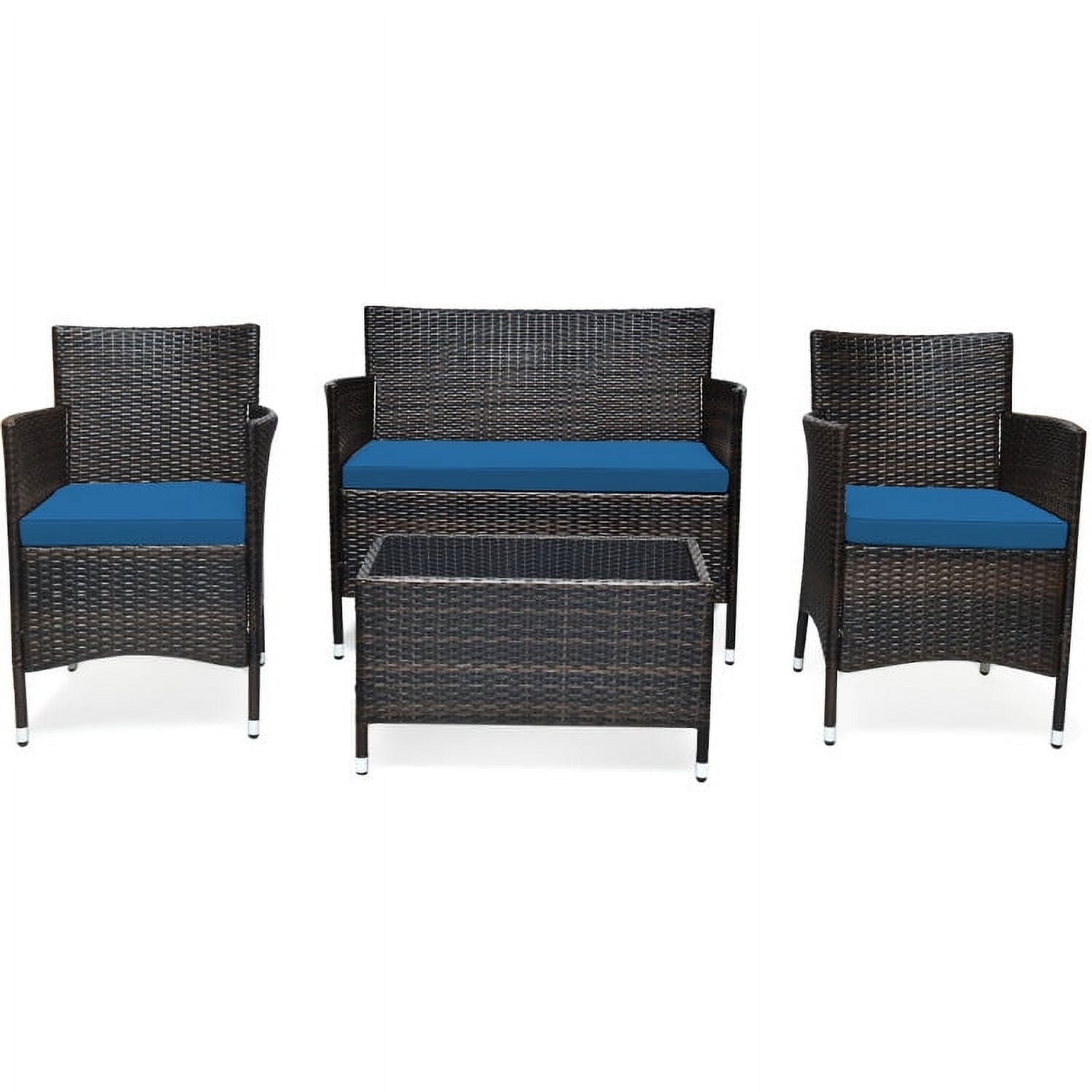 Aimee Lii 4 Pieces Patio Cushioned Wicker Conversation Set, Outdoor Sectional Set with with Glass Coffee Table, Peacock Blue