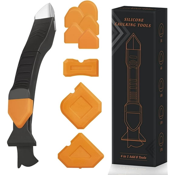 4 in1 Silicone Caulking Tools, Silicone Sealant Finishing Tool, Dried Caulk Remover Tool, Reuse and Replace 5 Silicone Pads, Caulking Tool Kit for Kitchen Bathroom Window, Sink Joint