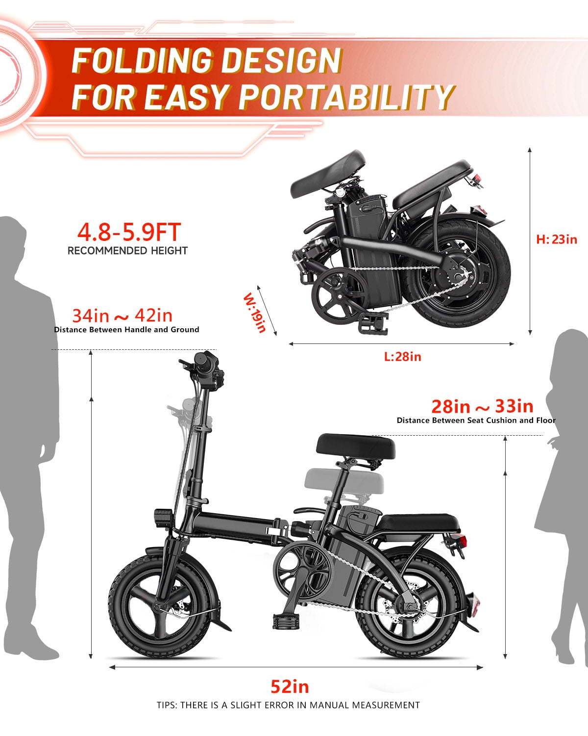 14" Foldable Electric Bike for Adults, Commuter E-Bike with 500W Peak Motor, 48V 12Ah Removable Battery, 20 MPH 32 Miles Range,UL 2849 Certified