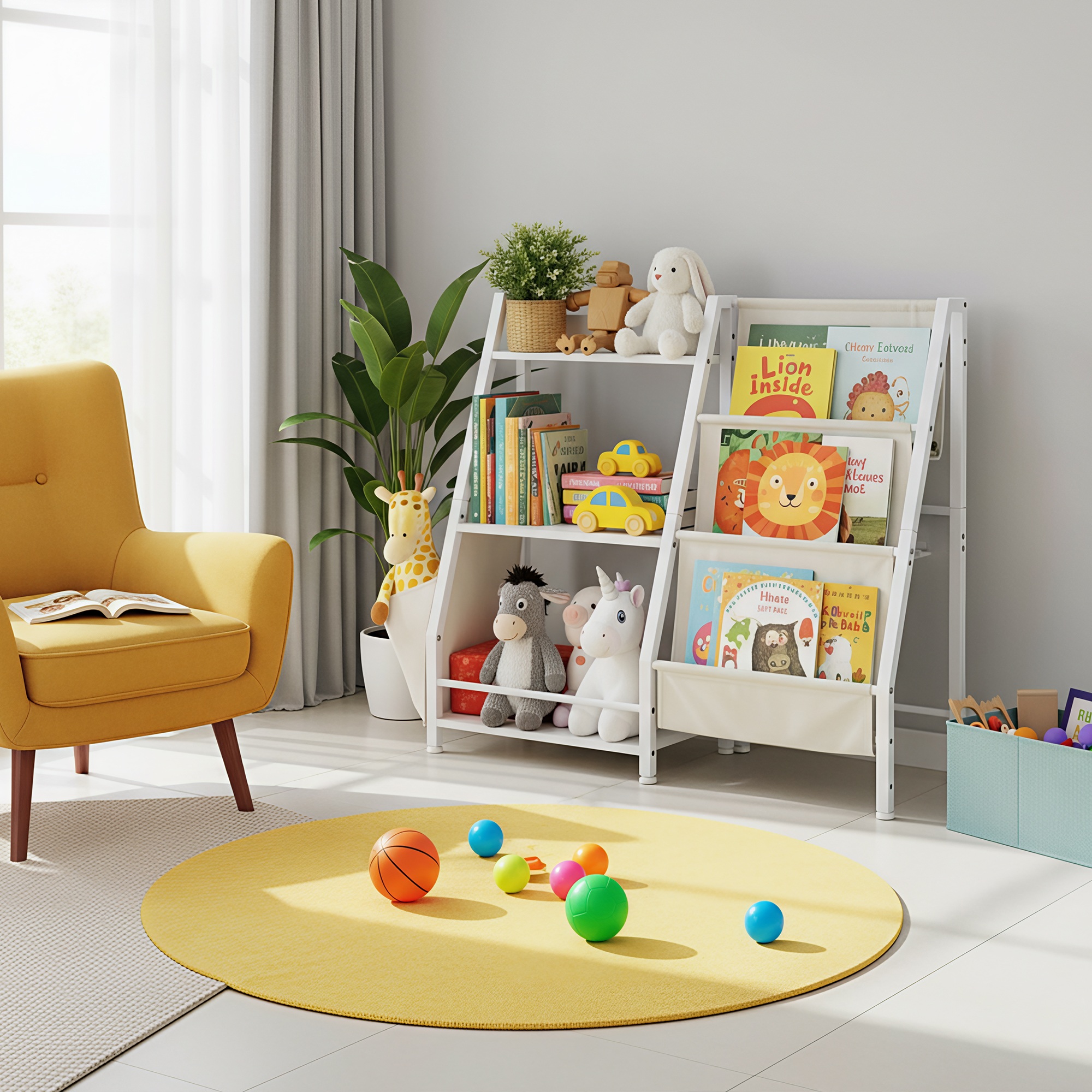 MAYEERTY Metal White Kids Bookshelf, 3-Tier Bookcase with Side Pocket, Children's Storage Organizer for Books & Toys