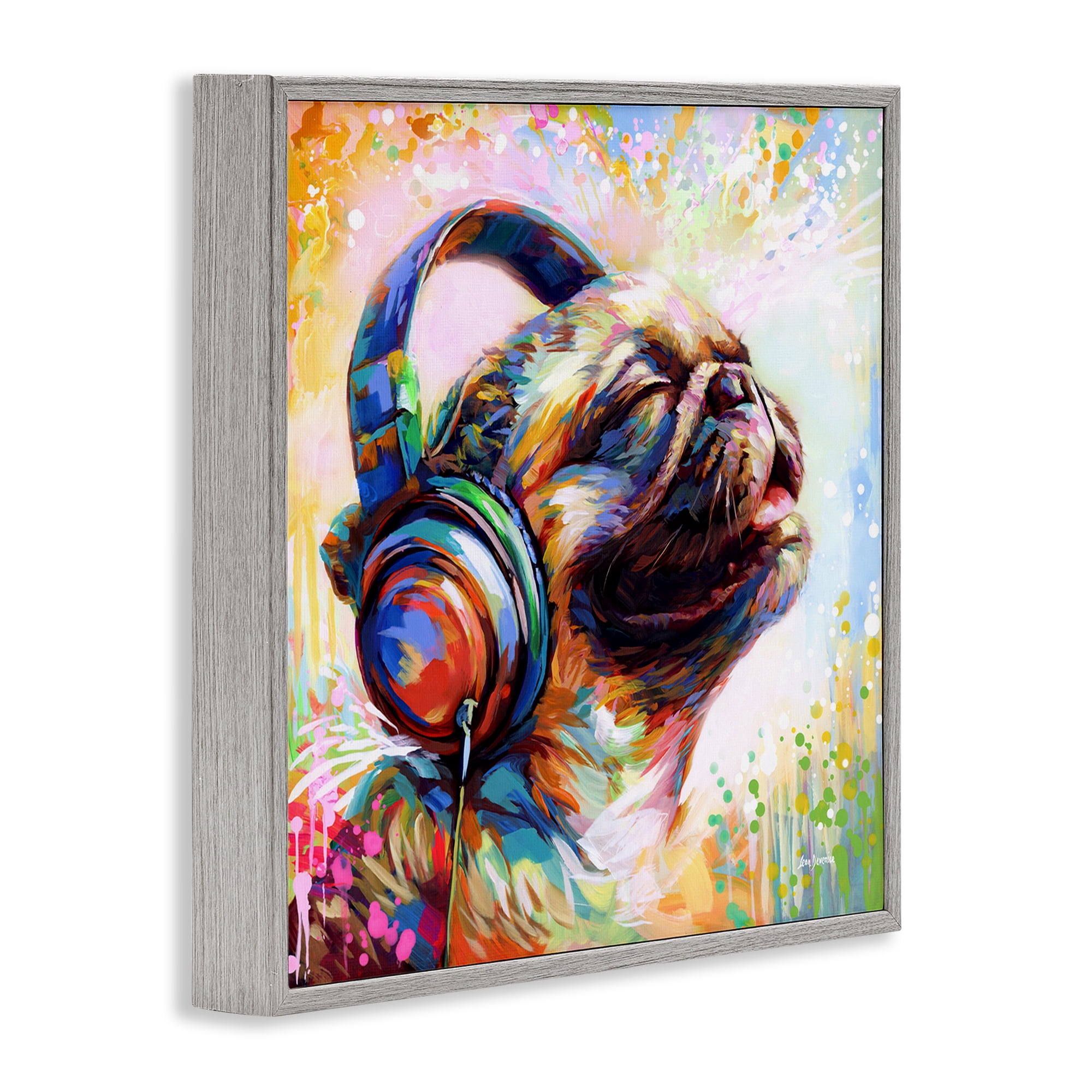 Stupell Industries Blissful Music Pug Animals & Insects Painting Gray Framed Art Print Wall Art, 24 x 24