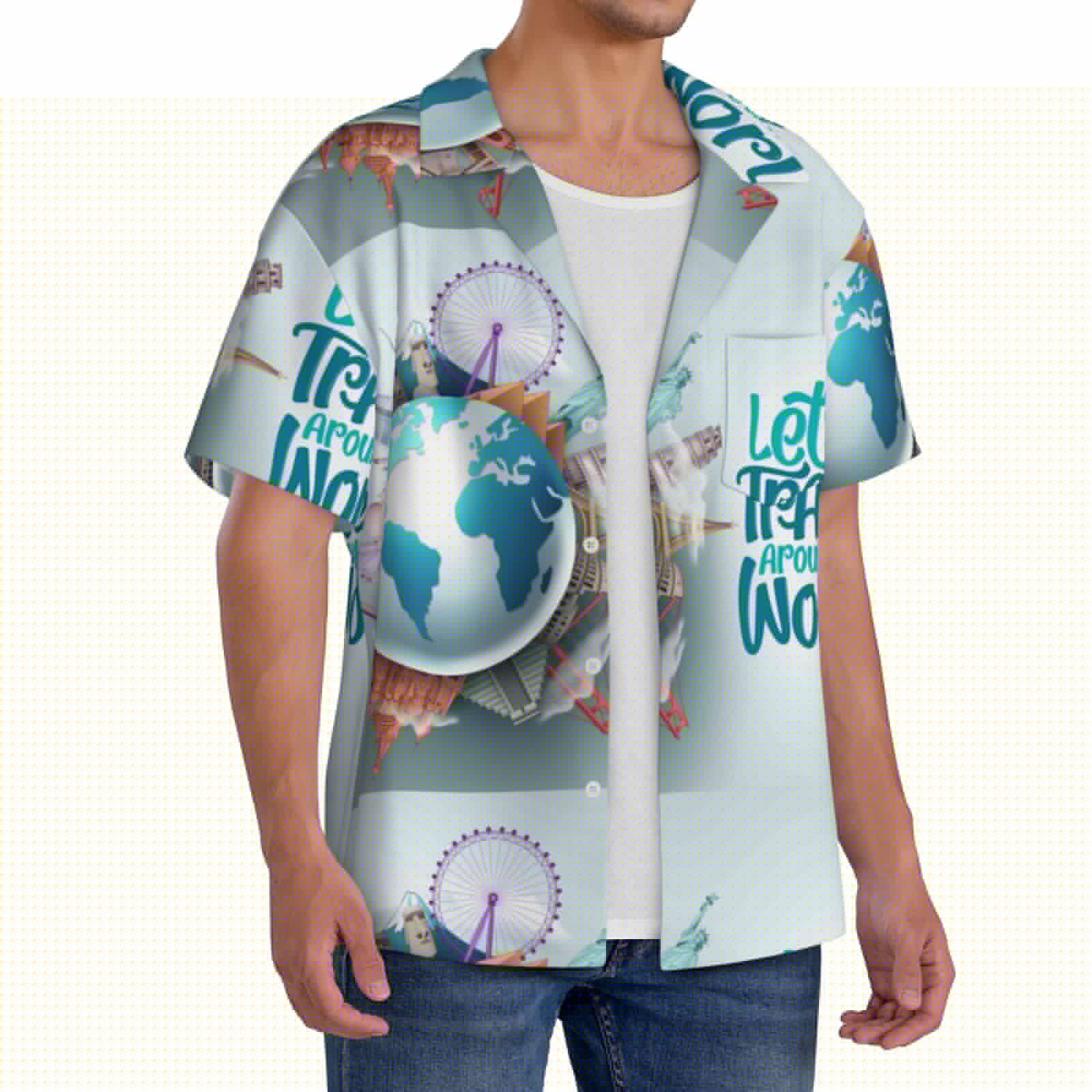 thumbnail image 4 of Sigee Let's go Travel Around the World Print Men's Shirts Casual Button Down Short Sleeve Summer Beach Shirt Hawaiian Vacation Shirts Tee Shirt-Large, 4 of 7