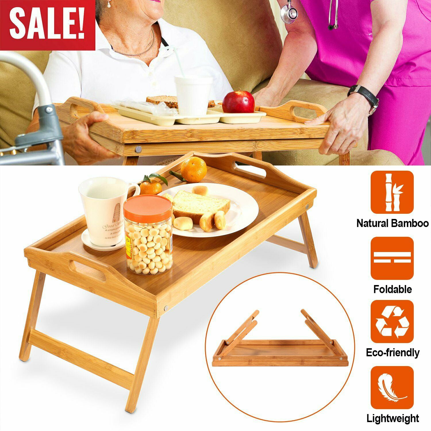 Bamboo Tea Table with Folding Legs and Handle Bed Tray Table Serving Breakfast in Bed or Use As a TV Table Laptop Computer Tray 