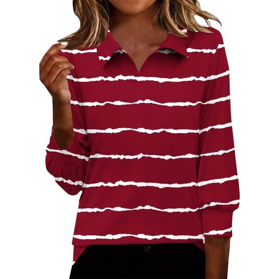 XPMWRP 3/4 Sleeve Tops for Women Striped Casual V-Neck Loose Fit Lapel Tshirts Work Lightweight Fall Trendy Business Blouses Basic Tees Red M
