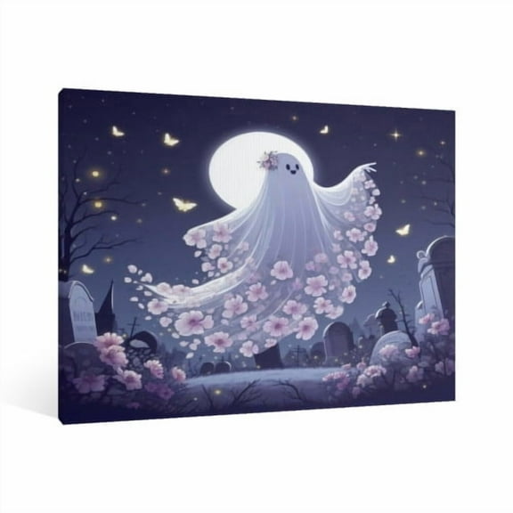 Vintage Halloween Cute Ghost Canvas Wall Art Painting, Retro Horror Creepy Dark Poster, Halloween Gothic Artwork Picture Print Decor,Spooky Ghost Wall Decor for Bar Living Room Bedroom Party Framed ﻿