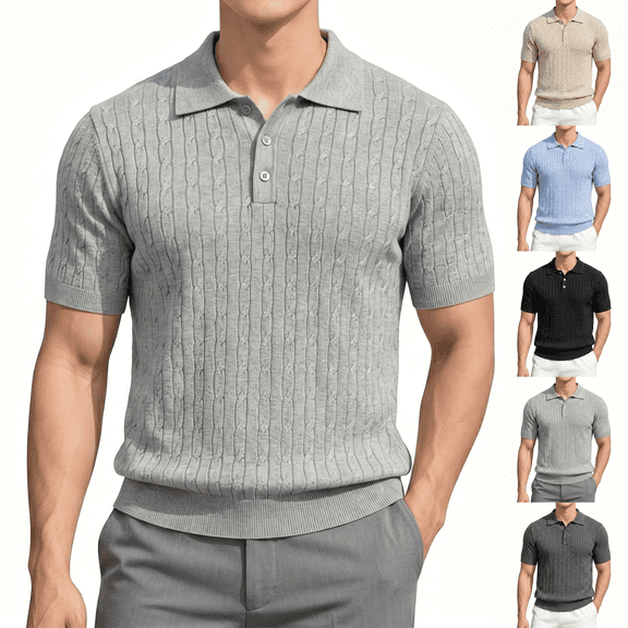 Short Sleeve Knit Golf Shirts for Men 2026 Summer Polo Collar Cable Knit Stretchy Casual Vacation Beach Tops with Buttons Light Gray 2XL