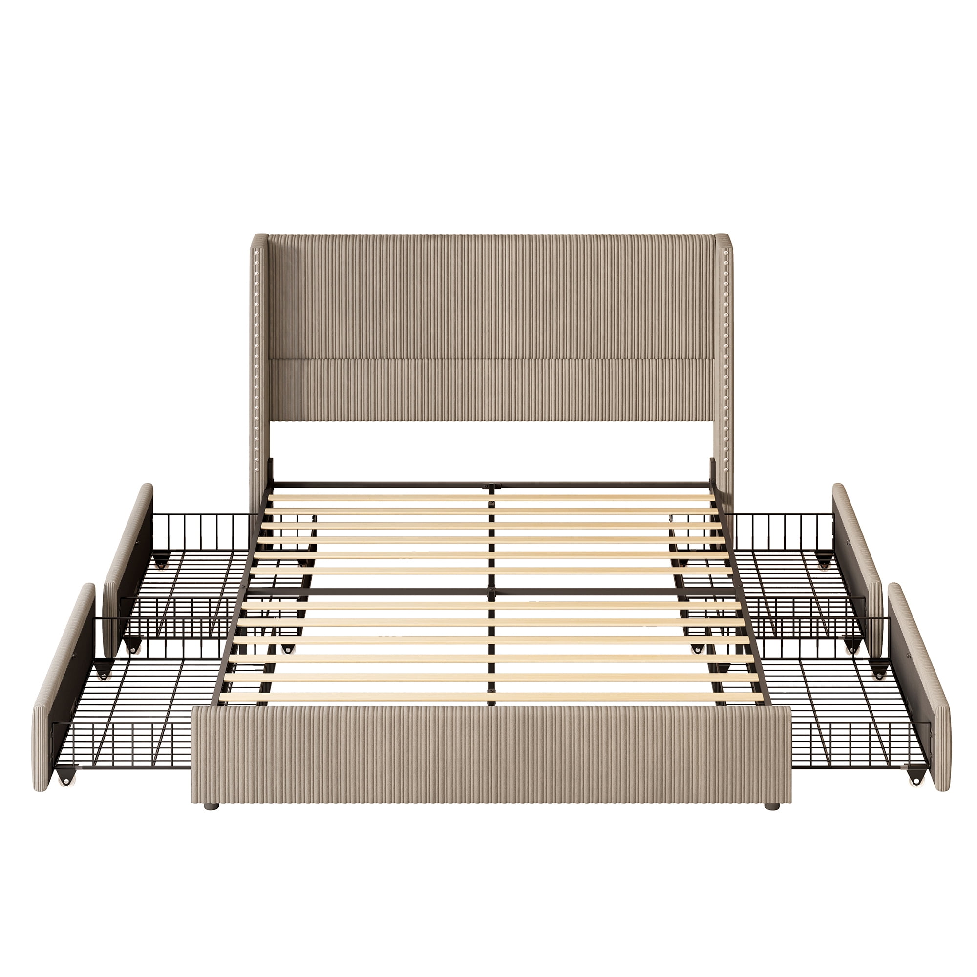 Larmace Upholstered Corduroy Bed Frame King Size with 4 Storage Drawers,Platform Bed Frame with Vertical Stripe Wingback Headboard,Brown