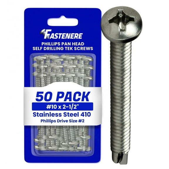 Fastenere Pan Head Self Drilling Tek Screws -#10 x 2-1/2" (50 Pack) Stainless Steel 410, Full Thread, Bright Plain Finish, Corrosion-Resistant, Self-Drilling, Easy to Install Phillips Drive Size #2
