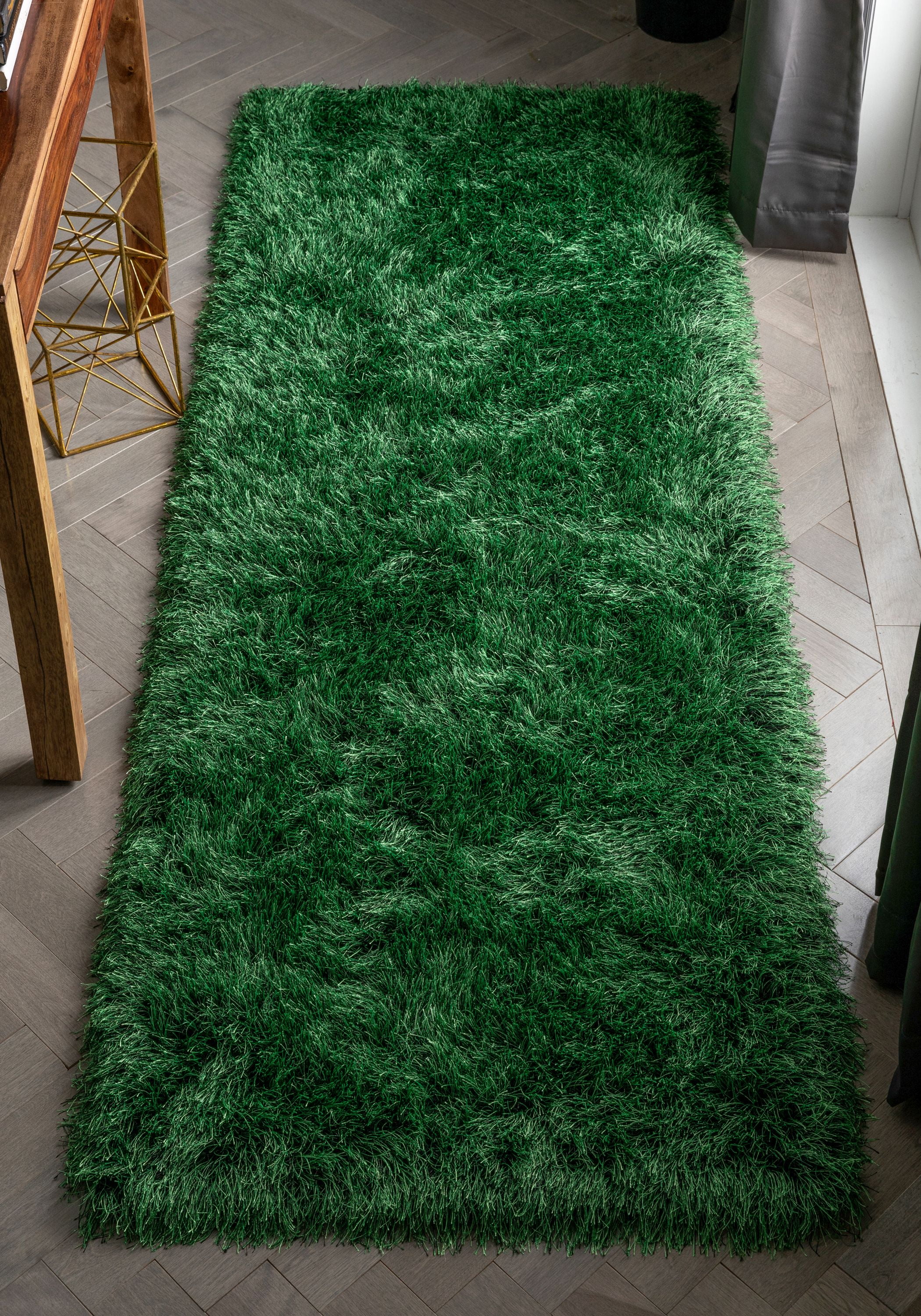 Well Woven Kuki Chie Glam Solid Textured UltraSoft Green 2'3" x 7'3" Runner TwoTone Shag Area