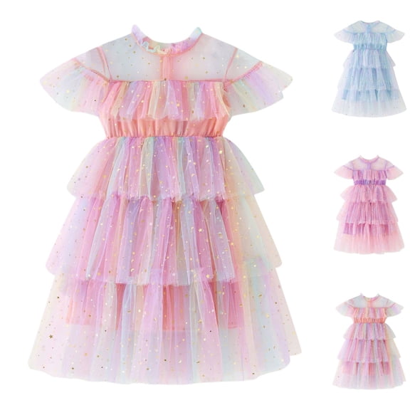 HJYCHN Girls Dresses off Shoulder Gradient Mesh Party Gown with Ruffled Sleeves for Carnival Toddler Dress 6-7 Years