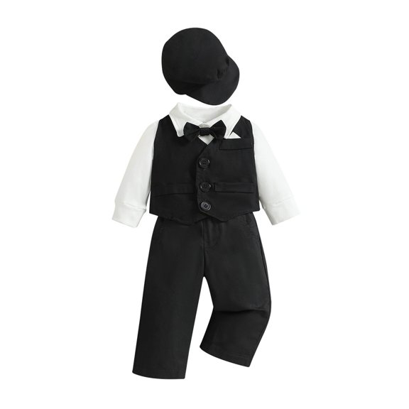 GiLiling Baby Boys Formal Outfit Set with Shirt, Vest, Pants and Hat for Weddings, Parties and Special Family Events (Black, 18-24 Months)